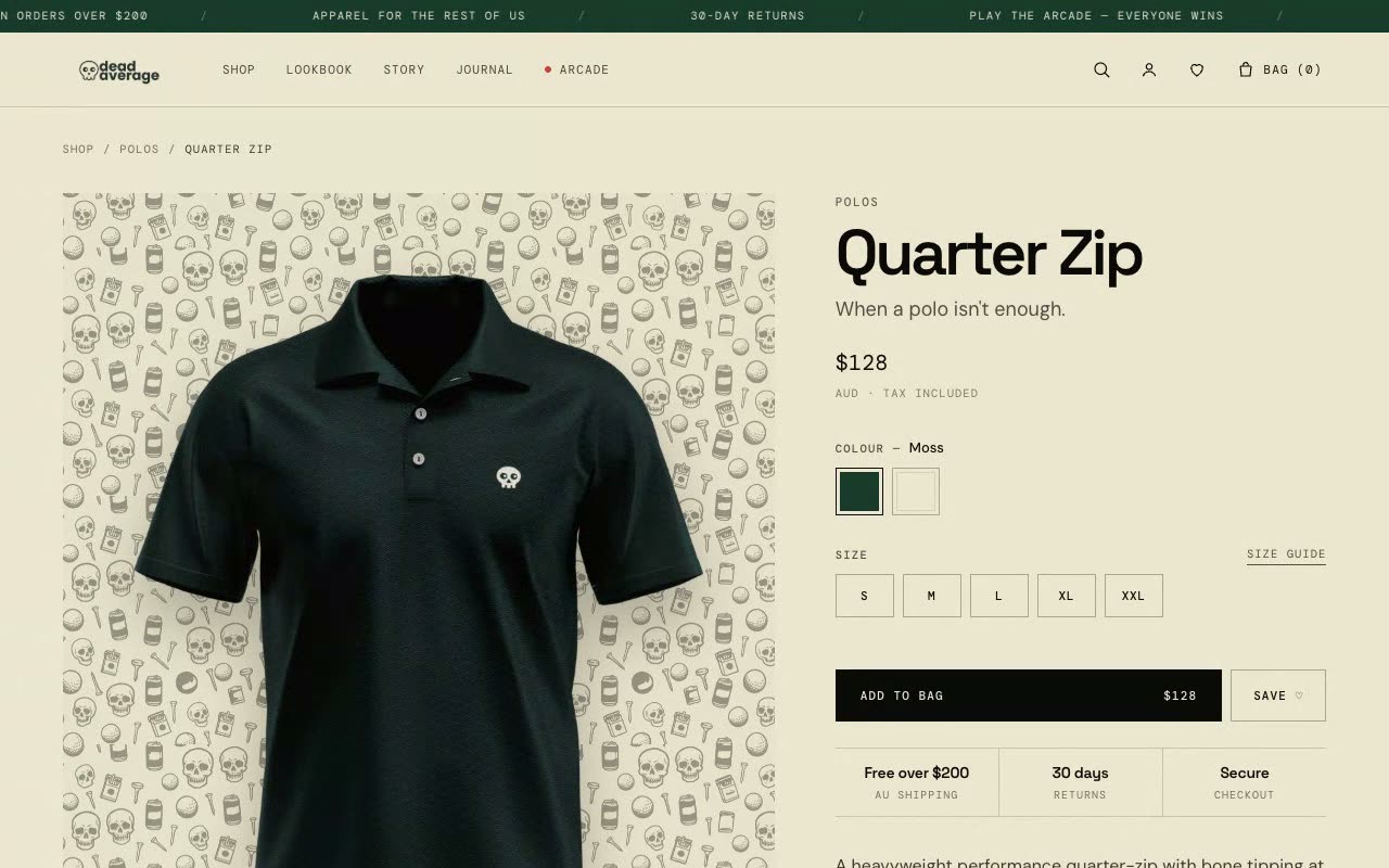 Product page with colour and size selection