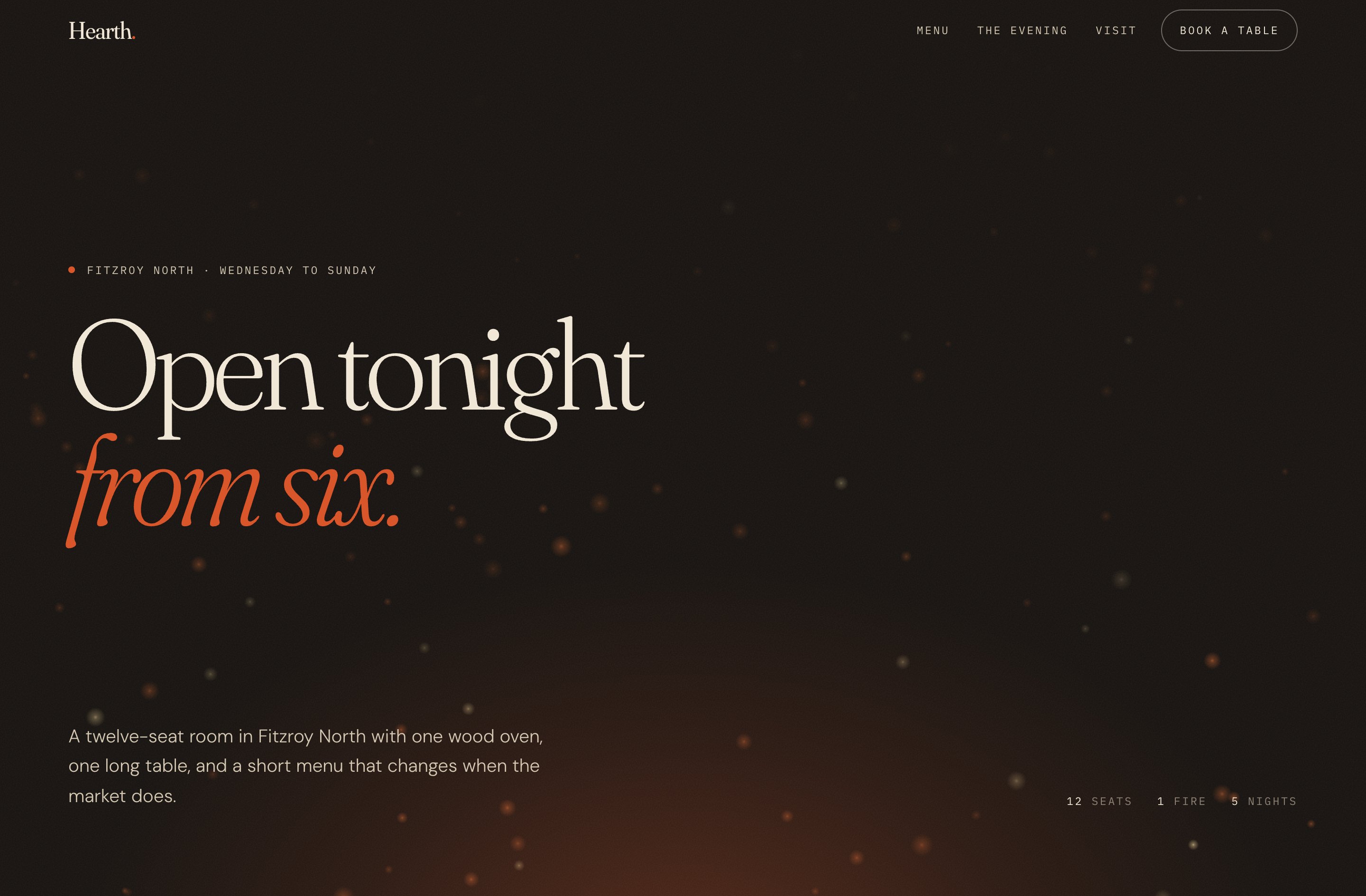 Hearth, a wood-fired restaurant concept site in charcoal and ember