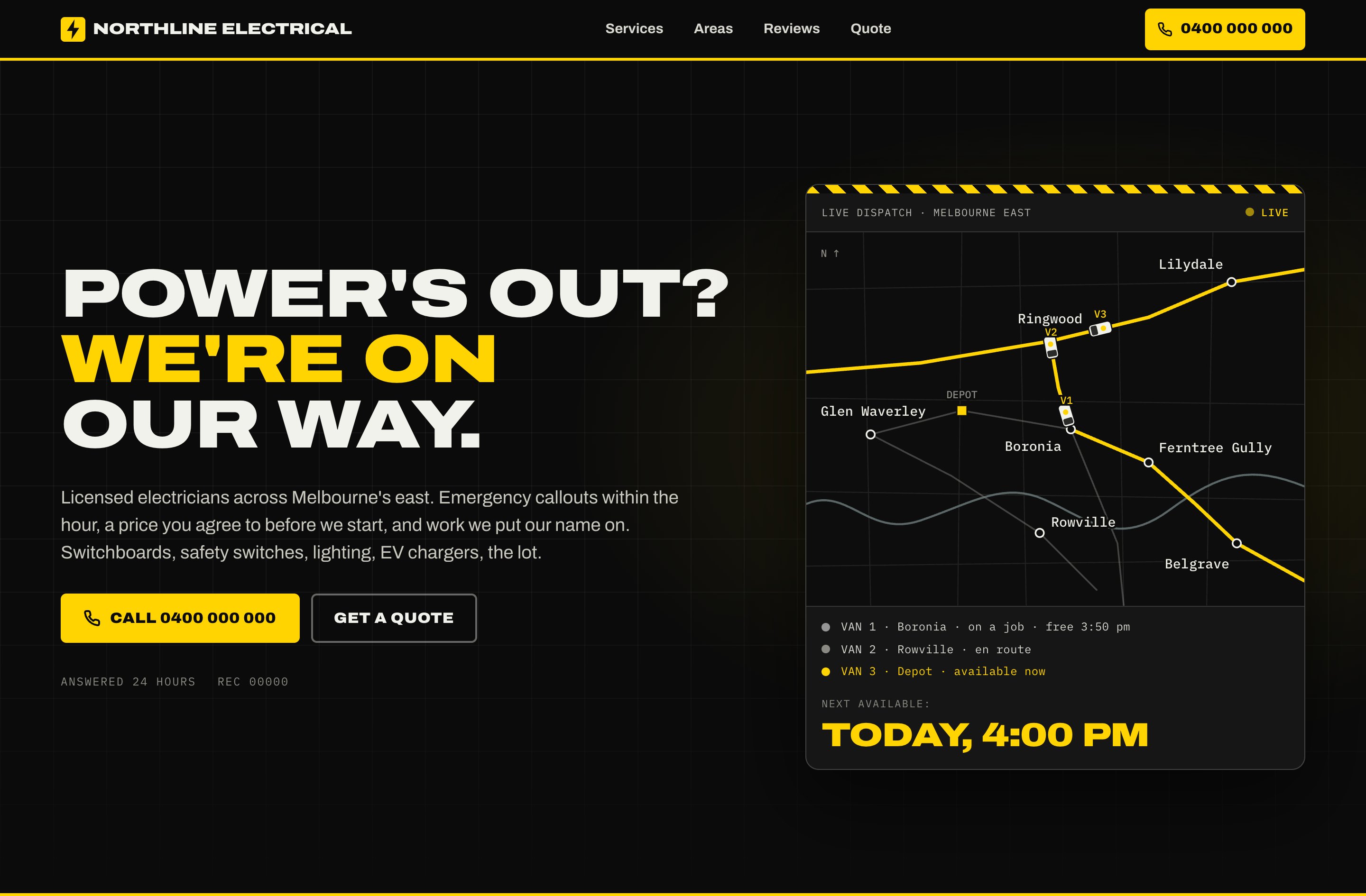 Northline Electrical, a tradie concept site with a live dispatch board in safety yellow and black