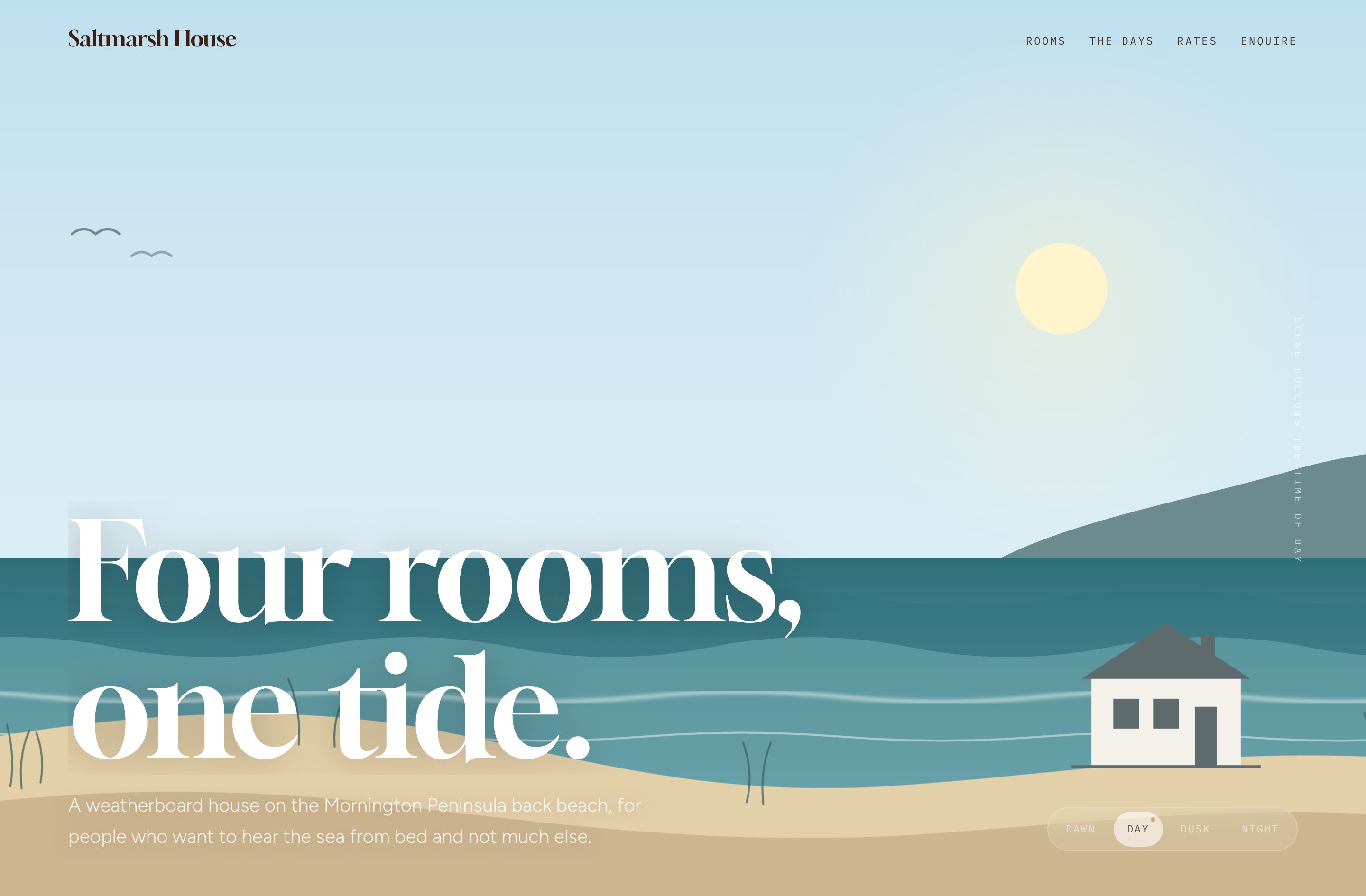 Saltmarsh House, a coastal stay concept site with a layered drawn seascape