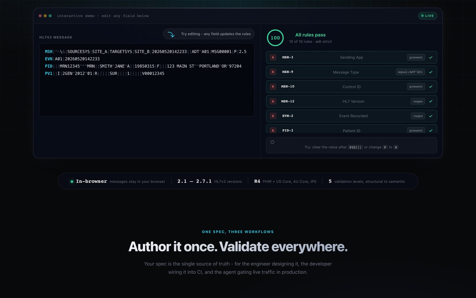 The interactive demo: an editable message beside a panel of passing rules