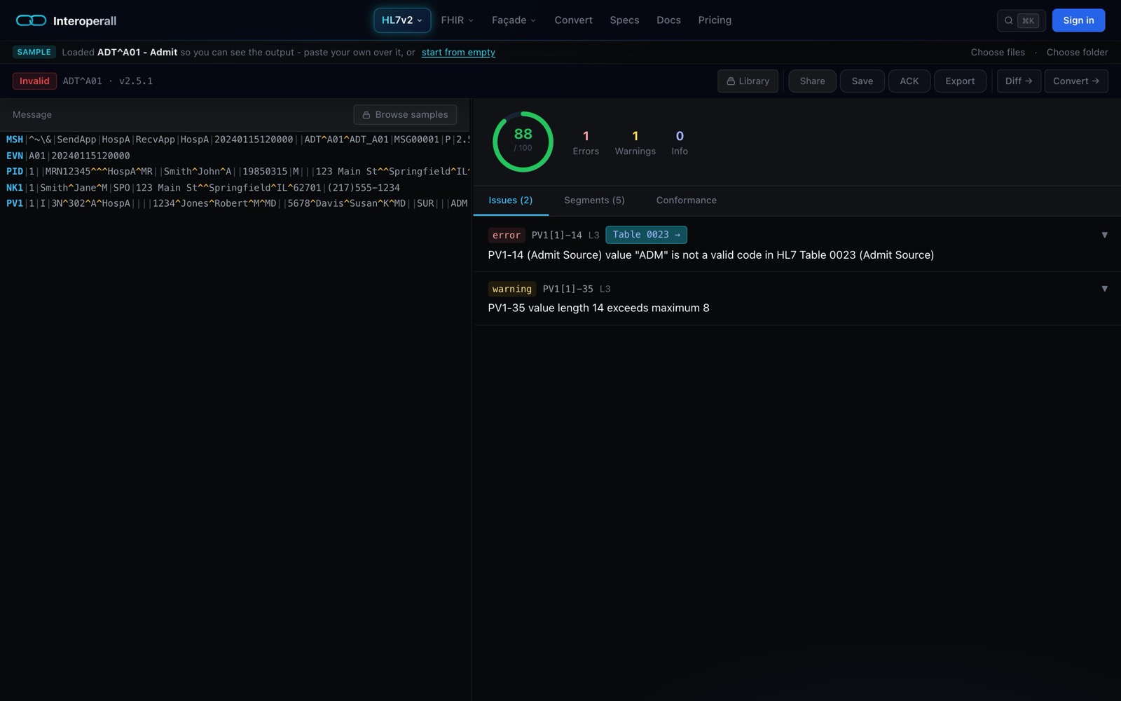 The message inspector showing an error, a warning and a score