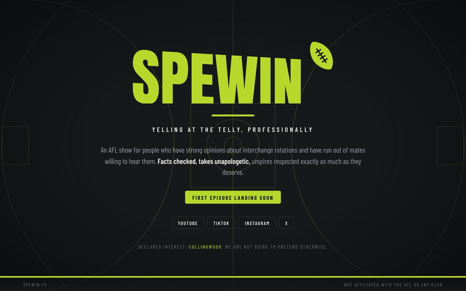 SPEWIN' coming-soon page in acid green on black