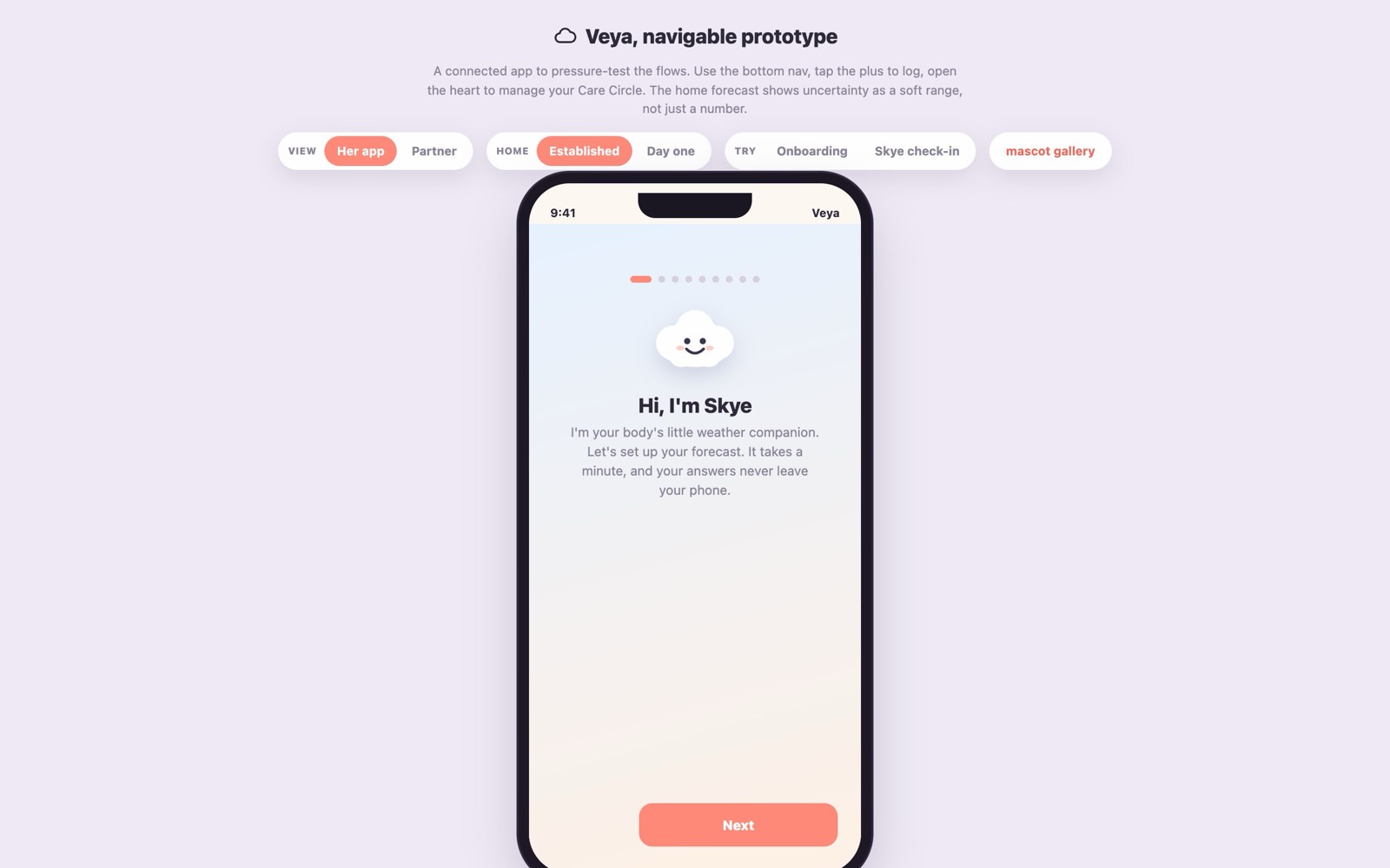 Veya app prototype with the Skye cloud mascot